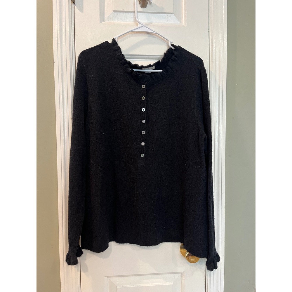 Sundance Black Ruffle Neck Button Front Knit Sweater XL Long Sleeve Top b3